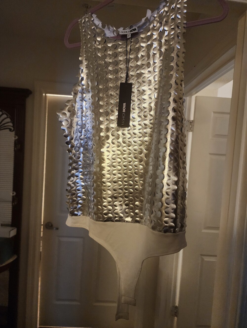 Fashion Nova Silver Metallic Textured Bodysuit Top